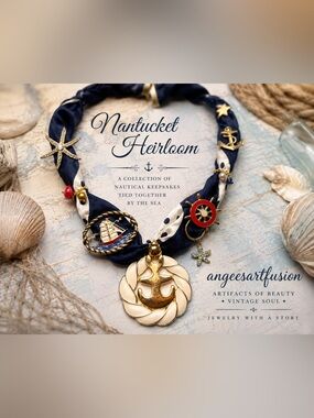 “Nantucket Heirloom”-Nautical Scarf Necklace OOAK with Vintage Brooches